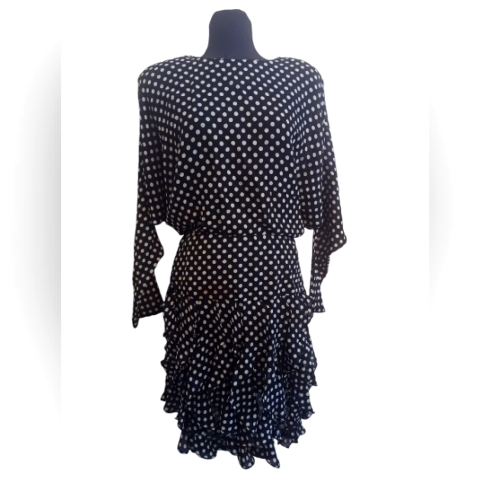 Black & White PolkADotted J. Harris Ruffle Dress Long SLeeve Size 14